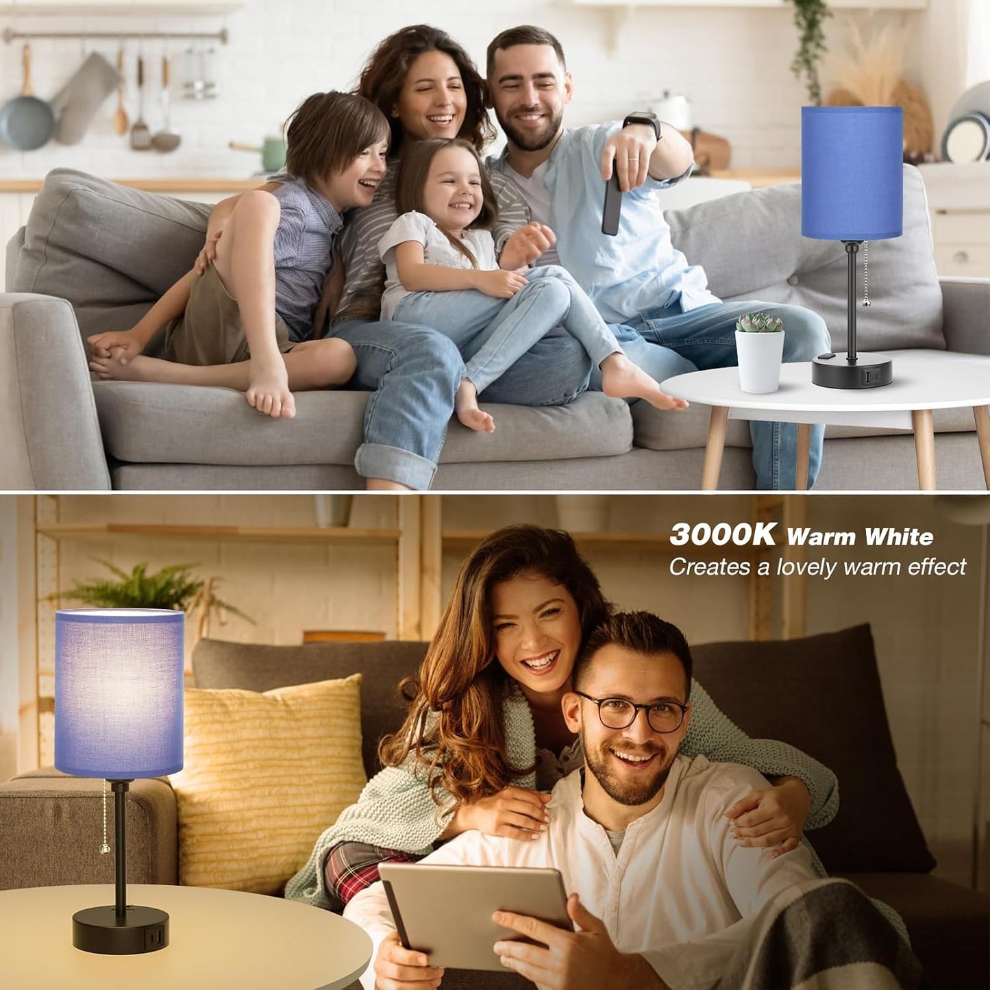 Small Bedside Table lamp for Bedroom - 3 Color Temperatures Bedside Lamps with USB C and A Ports, Pull Chain Table Lamps with AC Outlet, White Nightstand Lamps with Black Metal Base for Kids Reading
