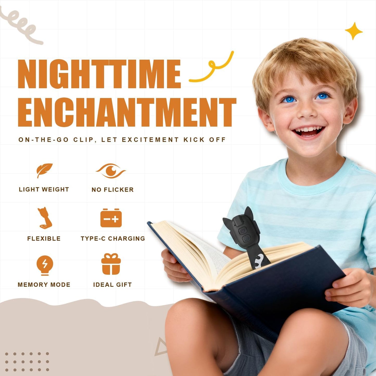 Rechargeable Kids Book Light, Cute Bookmark Reading Light for Kids, Dimmable Portable LED Book Light for Reading in Bed, Eye-Caring Bedtime Reading Lamp for Children & Travel, Black