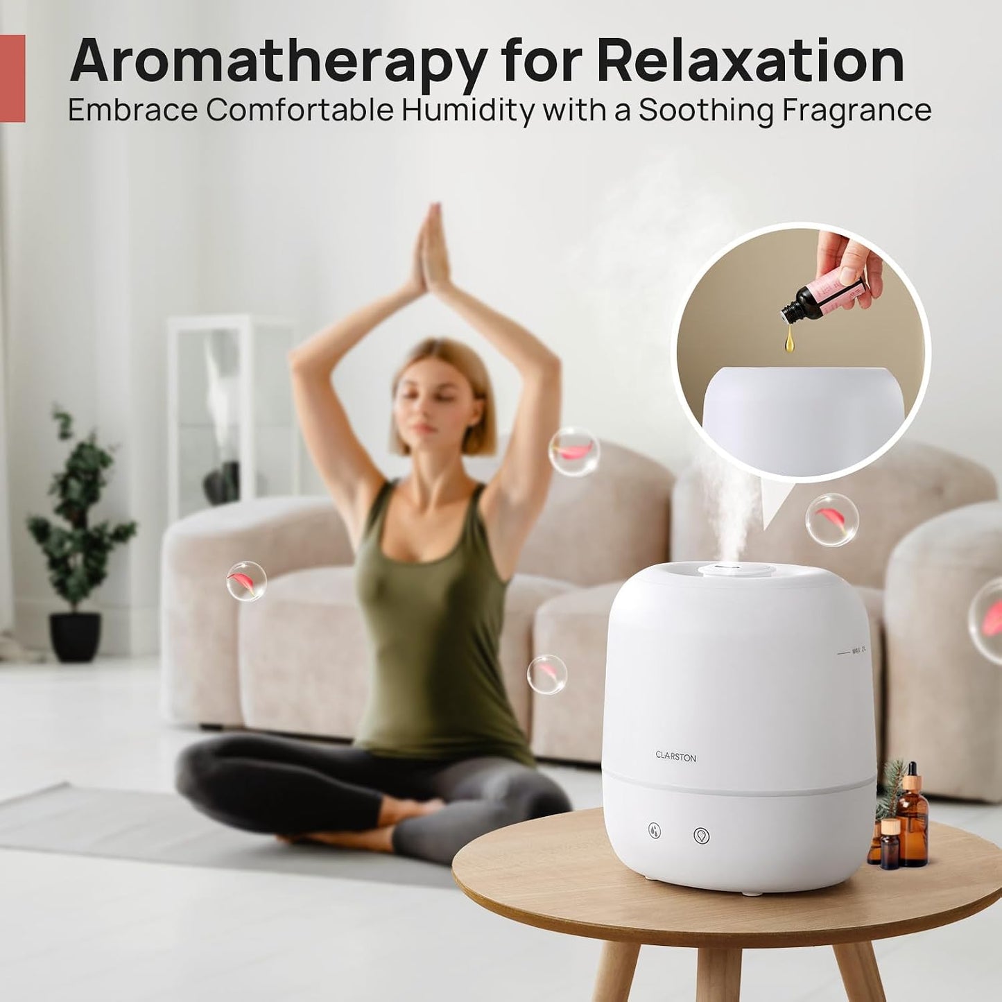 Clarston 2L Cool Mist Humidifier for Bedroom with 360° Adjustable Nozzle, High and Low Mist Levels, Ultra-Low Noise, Light-Off, No BPA, Auto Shut Off, Ideal Baby Humidifier with Easy Top Filling