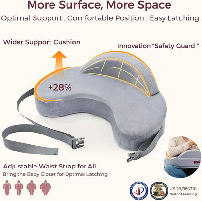 Momcozy CozyPro Nursing Pillow - All Around Lumbar & Arm Support - Safety Guard, Firm & Springy Memory Foam-Stable, Ergonomic Support, Easier Breastfeeding, Wider Cushion, Adjustable, Removable Cover