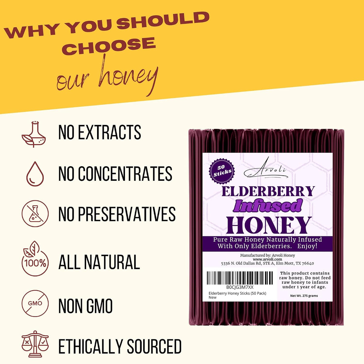 Arvoli Elderberry Honey Sticks for Tea - 50 Pack - Infused Honey with Whole Elderberries - Healthy All Natural Immune Boosters for Adults and Kids - Immune Support