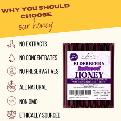 Arvoli Elderberry Honey Sticks for Tea - 50 Pack - Infused Honey with Whole Elderberries - Healthy All Natural Immune Boosters for Adults and Kids - Immune Support