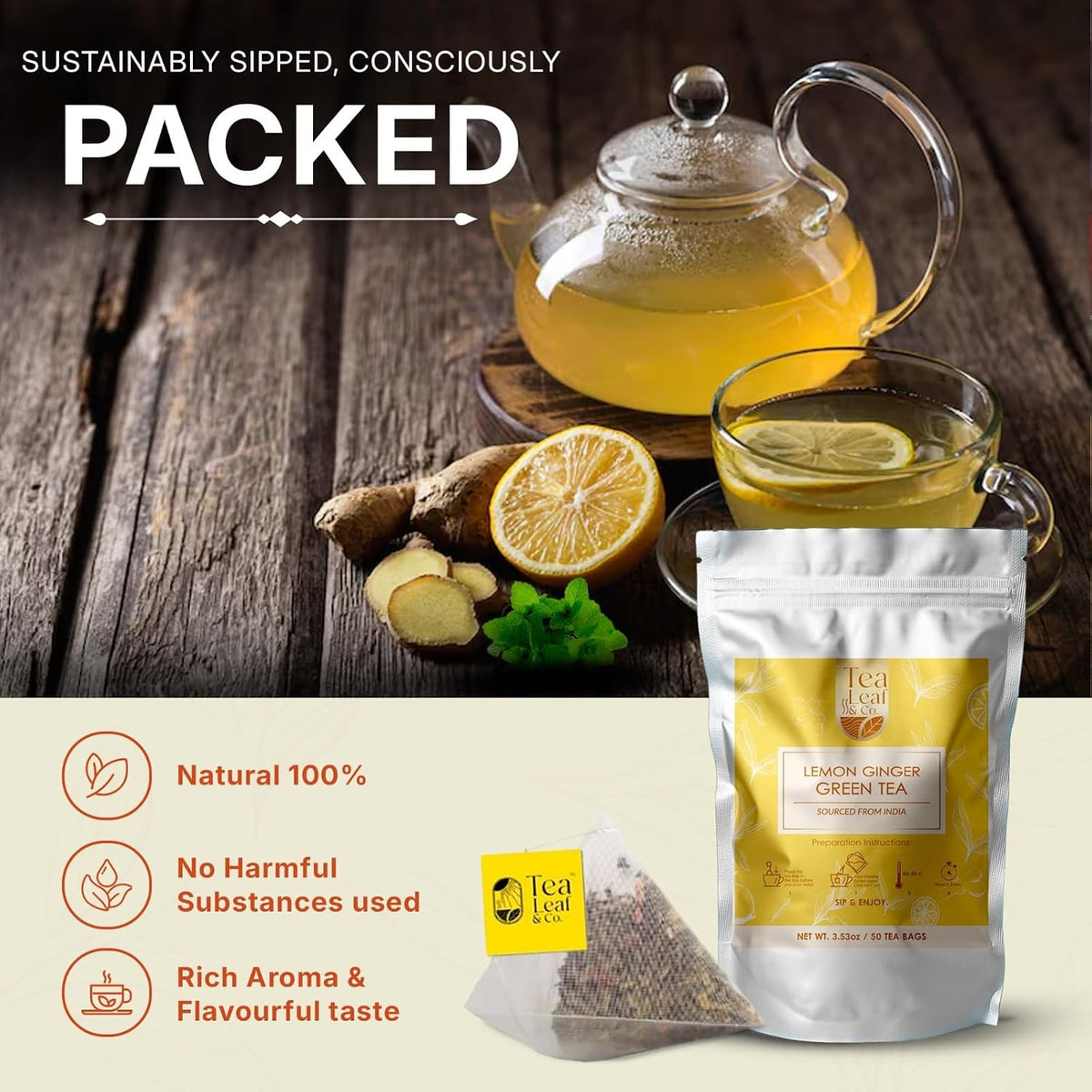 Lemon Ginger Green Tea 100 gm/3.5 oz, Natural Herbal Infusion, 50 Tea Bags