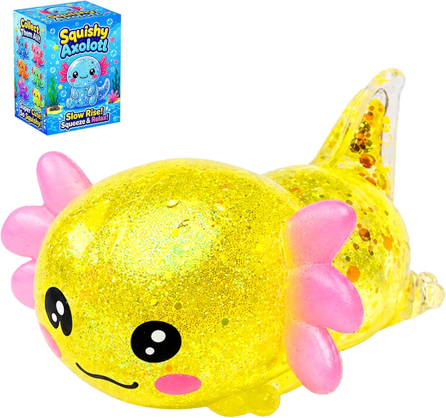 Axolotl Squishy Toy, Cute Glitter Stress Relief Fidget Toy, Soft Squeeze Sensory Toy for Kids Adults, Axolotl Squishy Stress Ball Anxiety Calming Desk Toy Party Favor Handheld Fidget (Yellow)
