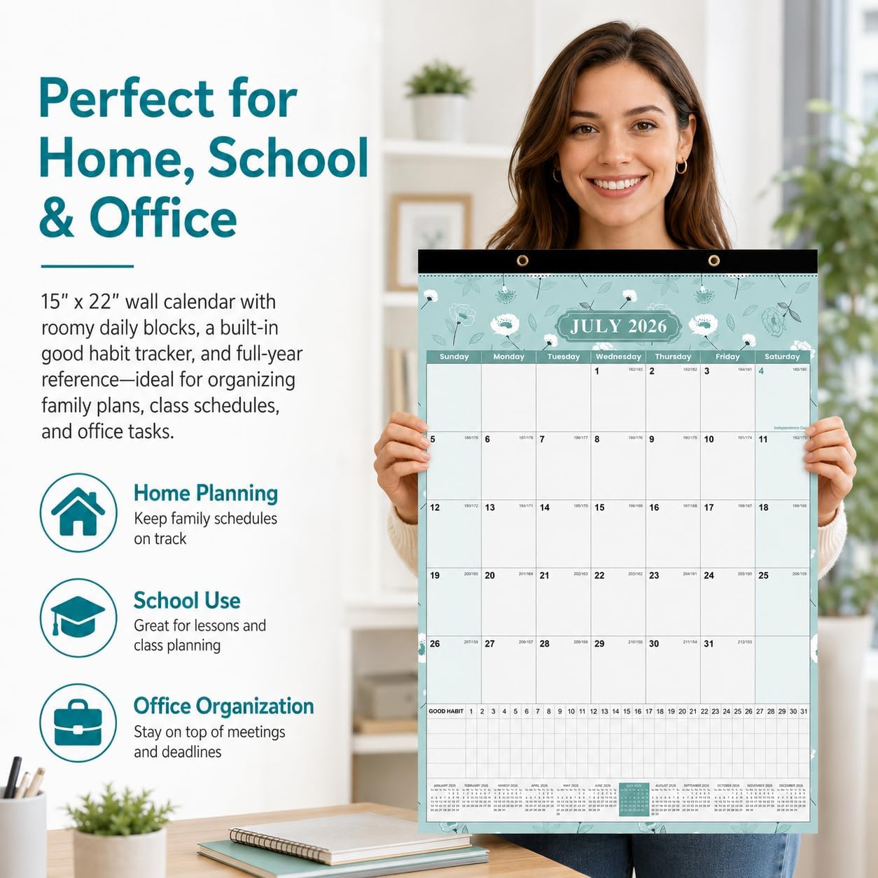 Large Wall Calendar 2026-2027, 18-Month Wall Calendar from July 2026 to December 2027, 15" x 22" 2026 Wall Calendar with Spacious Blocks, Julian Dates, Habit Tracker & Full-Year Reference for Home Office School Colorful