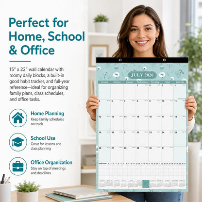 Large Wall Calendar 2026-2027, 18-Month Wall Calendar from July 2026 to December 2027, 15" x 22" 2026 Wall Calendar with Spacious Blocks, Julian Dates, Habit Tracker & Full-Year Reference for Home Office School Colorful