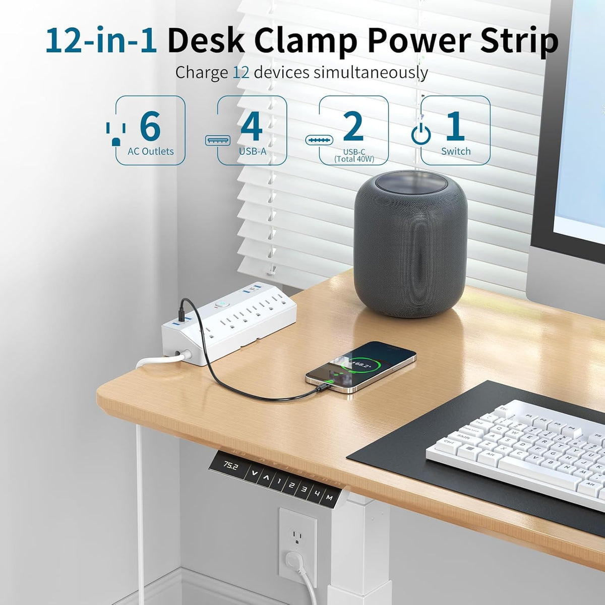 Desk Clamp Power Strip 10FT, 40W Total Fast Charging Station, Black