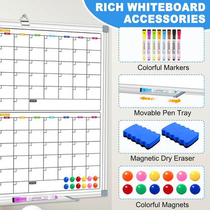 Magnetic Dry Erase Board Calendar for Wall 36" x 24", Monthly Calendar Whiteboard for Wall, Planning Board Bulletin Board Portable Board for Office, School, Home, Kitchen, Planning, Memo
