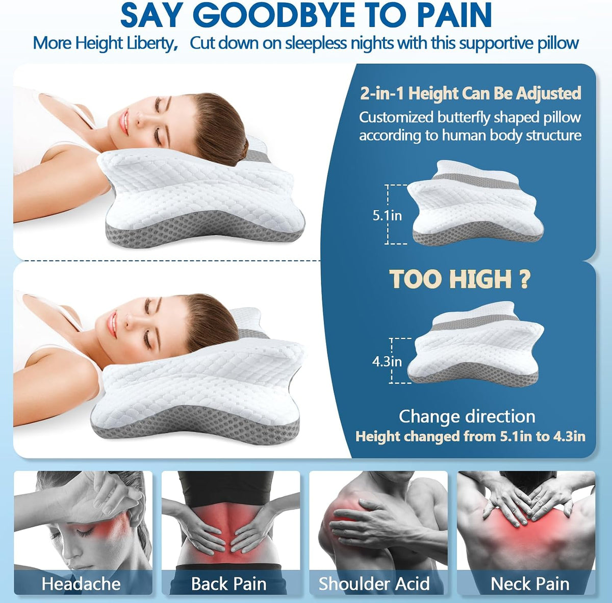 CHxxy Cervical Neck Pillow for Pain Relief Sleeping, Memory Foam Pillows