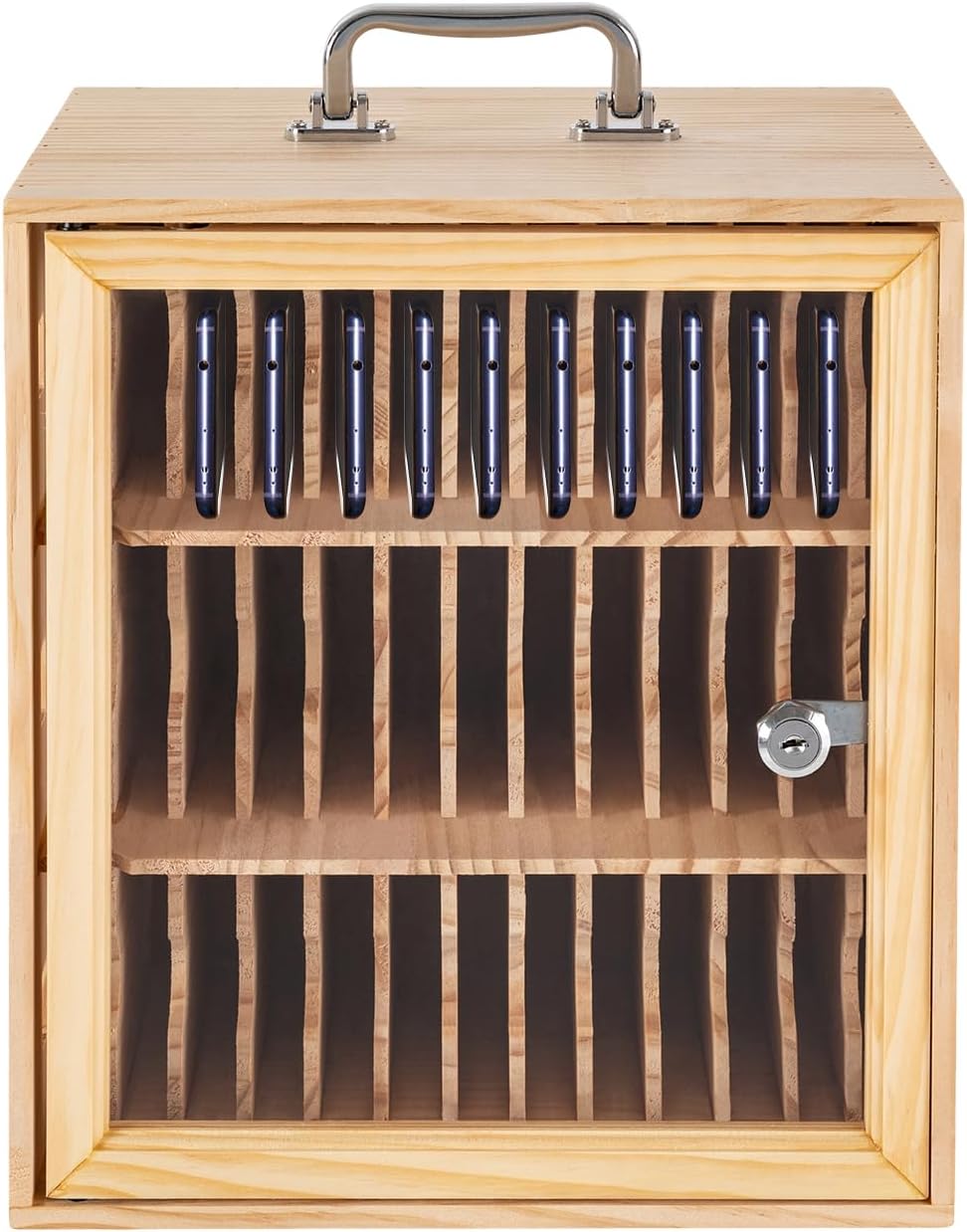 36-Slot Solid Wood Mobile Phone Storage Box, Multi-Slot Lockable Cell Phones Cabinet Wall-Mount& Desktop Phone Holder for School Office