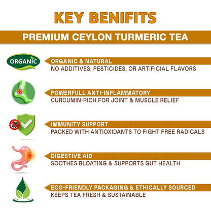 Pure Ceylon Turmeric Brew - 100% Organic Ceylon Turmeric + Black Pepper Tea Bags (40 Sachets - pack of 2 – 20 COUNT PER BOX)