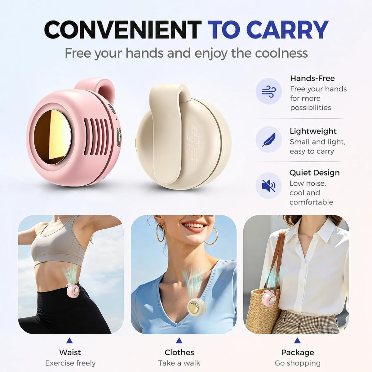 Portable Clip-On Fan, Mini Bladeless Waist Fan, 5100RPM 25dB Ultra-Quiet 3-Speed Rechargeable Small Whirlwind Fan, Hands-Free Personal Cooling for Outdoor Travel Office Camping with USB-C