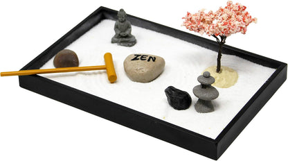 Nature's Mark Mini Zen Garden Kit for Desk with Rake, White Sand, Lotus Figure, 3 Sections Black Square Base, River Rocks and Black Rocks (9Lx9W C)