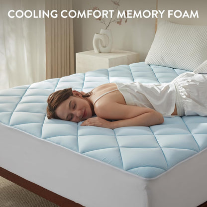 SureFit Queen Size Cooling Mattress Topper, 1/2 Inch Gel-Infused Memory Foam Mattress Pad, Breathable Ventilated Design, Light Soft Comfort for Hot Sleepers, Deep Pocket 8-20 Inch