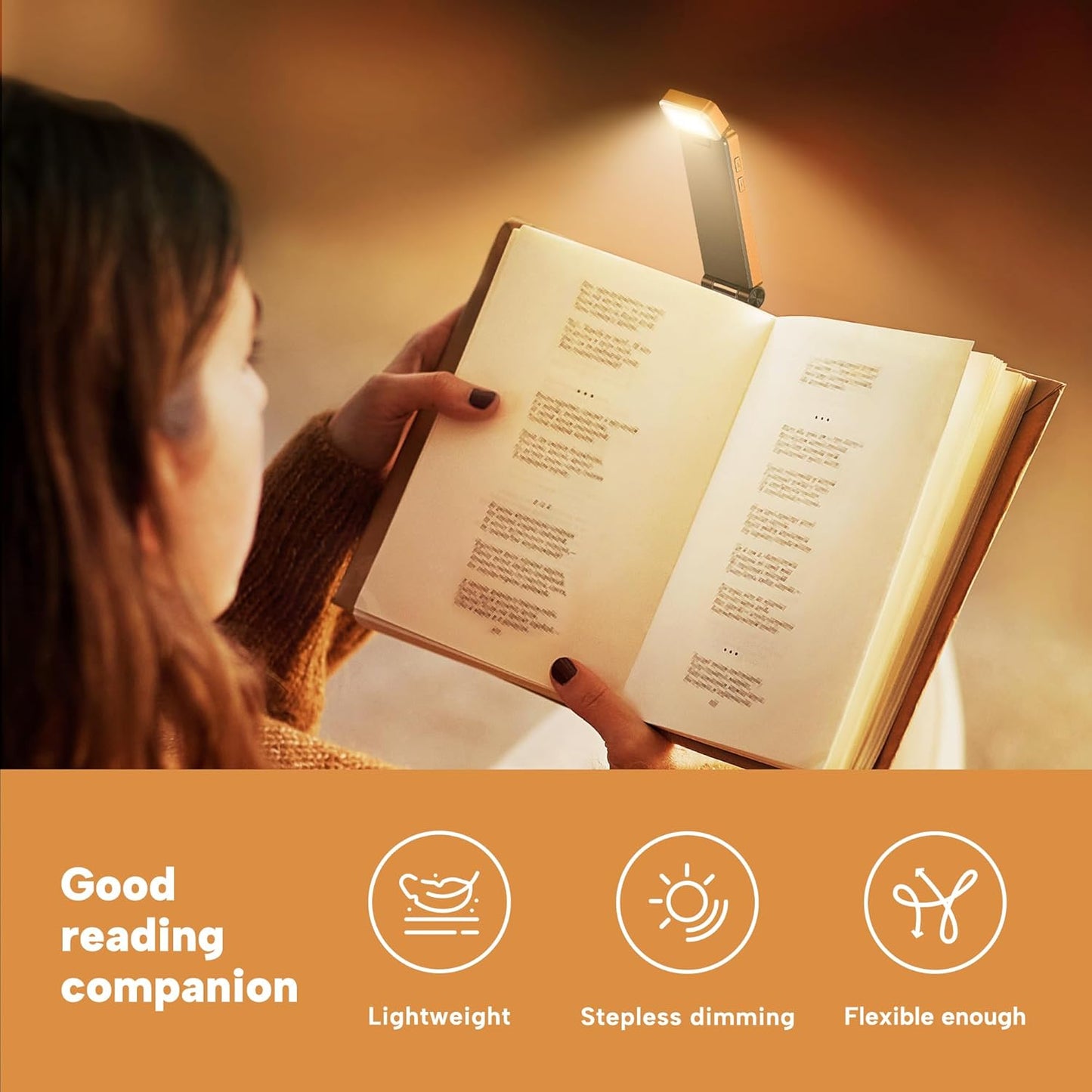 86lux Book Light, Rechargeable Reading Lights for Books in Bed, Ultralight Clip-on LED Bookmark Lamp with 3 Amber Colors & Stepless Dimming for Night Reading for Book Lovers, Papaya Orange
