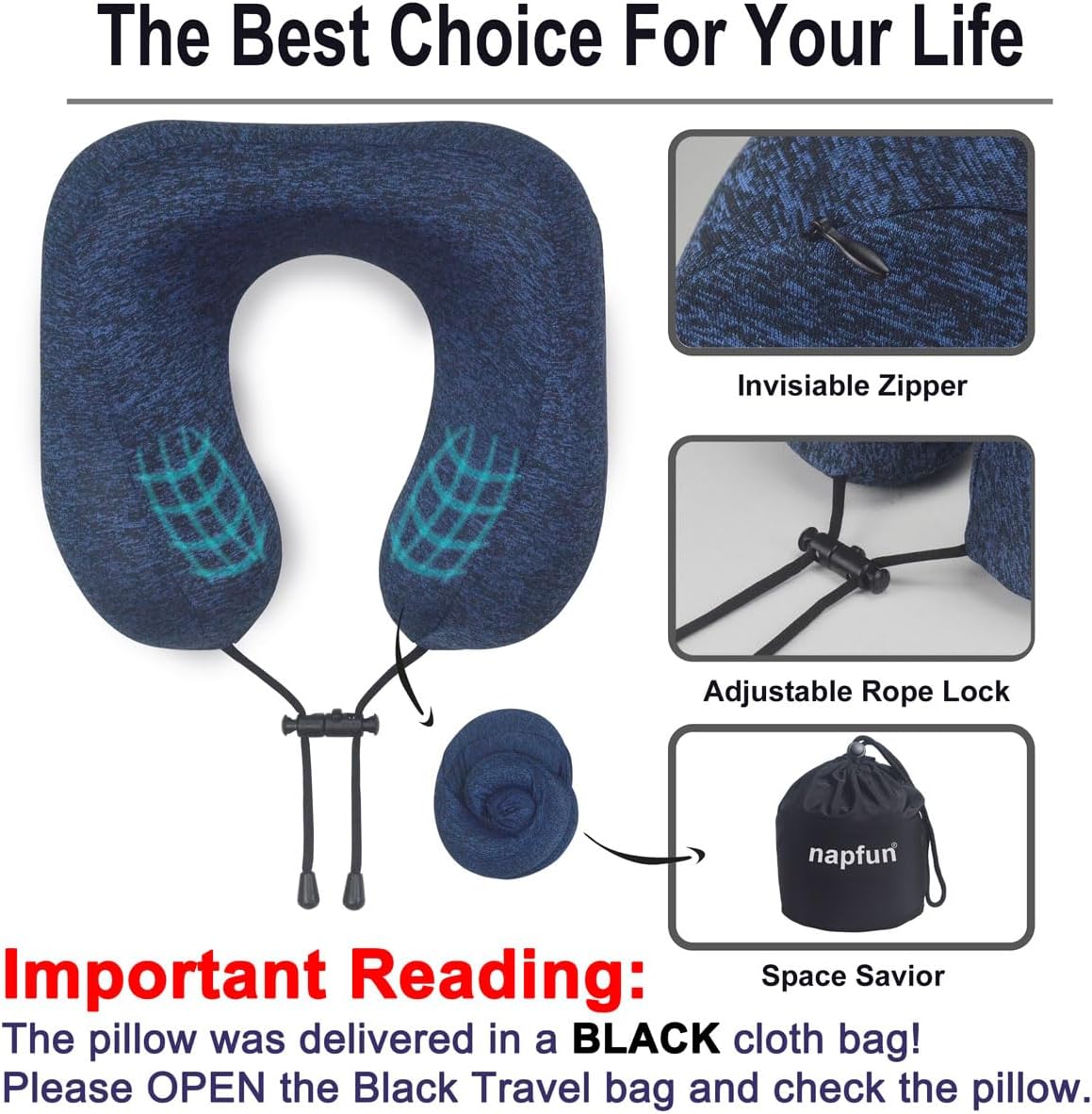 napfun Neck Pillow for Traveling, Upgraded Travel Neck Pillow for Airplane 100% Pure Memory Foam Travel Pillow for Flight Headrest Sleep, Portable Plane Accessories, Light Grey