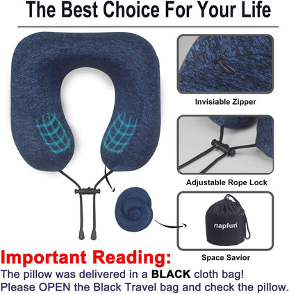 napfun Neck Pillow for Traveling, Upgraded Travel Neck Pillow for Airplane 100% Pure Memory Foam Travel Pillow for Flight Headrest Sleep, Portable Plane Accessories, Light Grey