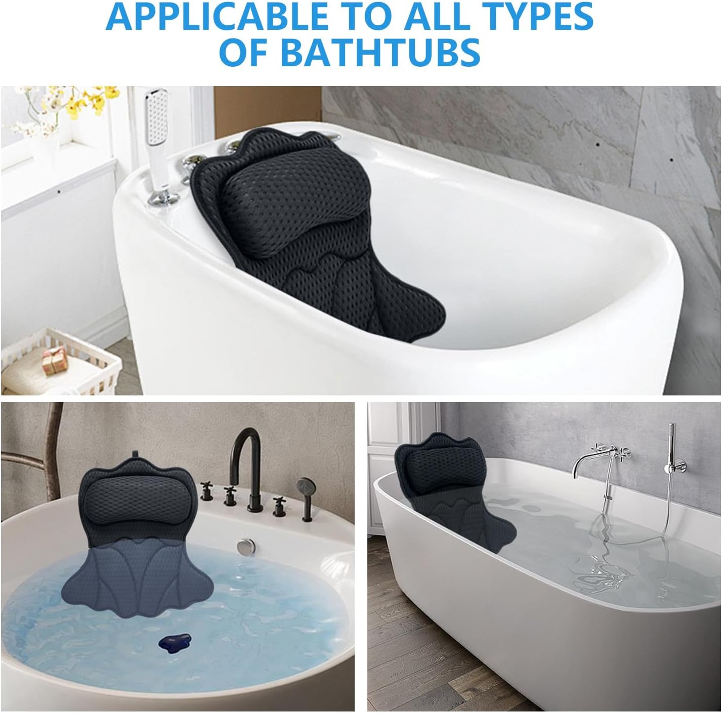 REEZEIVI Bath Pillows for Tub,Bath Pillow with 6 Non-Slip Suction Cups,Soft 4D Mesh Fabric,Bathtub Pillows for Tub Neck and Back Support,Extra Thick Luxury Bathtub Pillows,Grey
