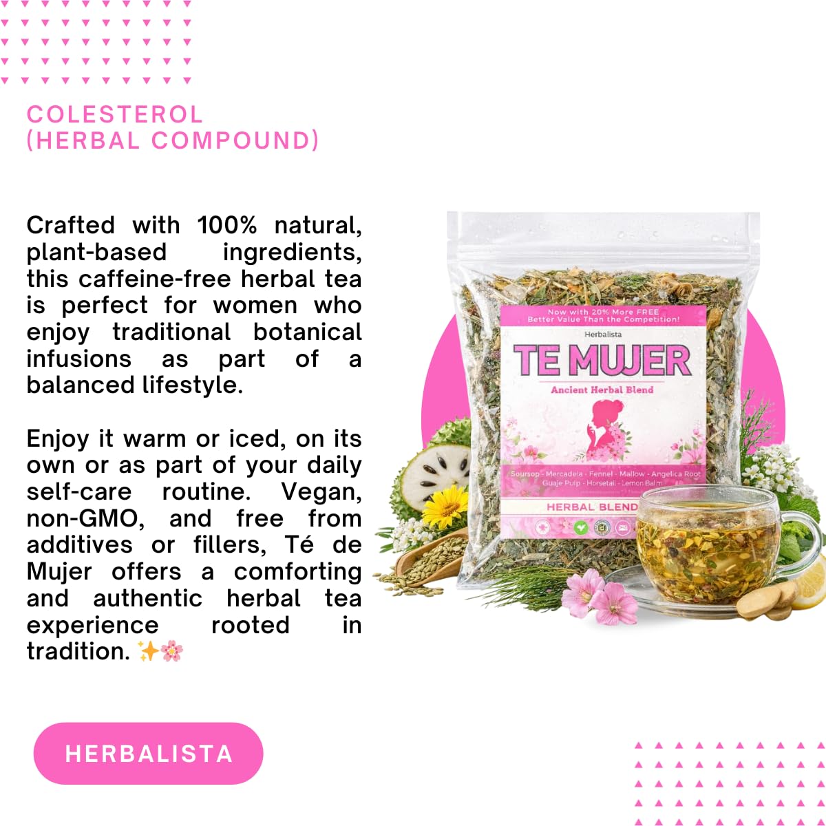 Herbalista Té de Mujer (Women’s Herbal Tea) – Traditional Loose Leaf Botanical Blend – 5 oz (141 g) – Caffeine-Free Herbal Infusion with Soursop, Calendula, Fennel & Lemon Balm – Vegan, Non-GMO