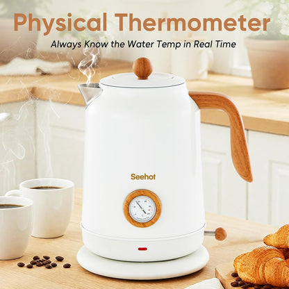 Seehot® Electric Kettle With Thermometer, 1.7L Electric Tea Kettle, 1200W Hot Water Kettle Electric, Auto Shutoff, Boil-Dry Protection, 304 Stainless Steel, Cordless Base, Black