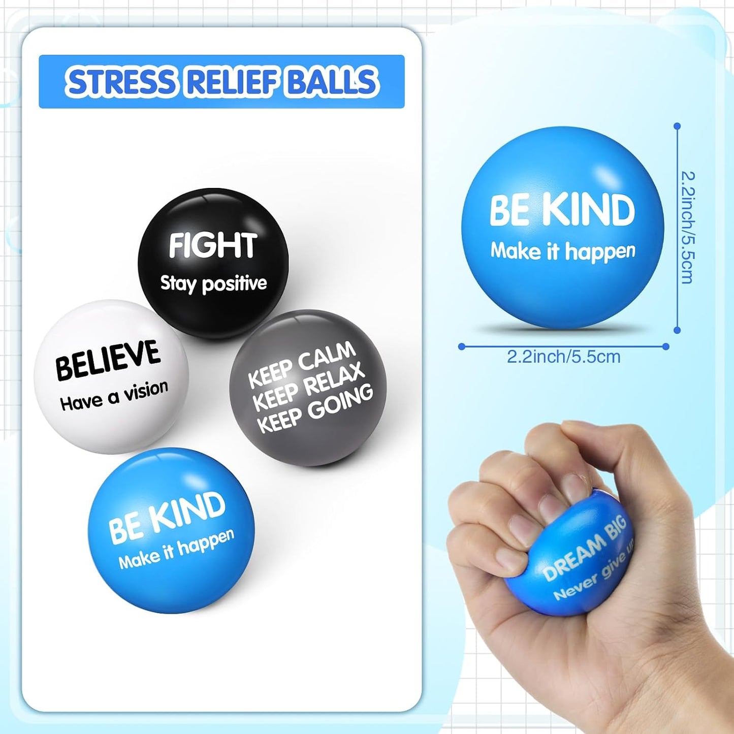Liliful 100 Pcs Motivational Stress Balls Bulk Inspirational Squeeze Balls for Adults Anxiety Relief Fidget Toys Office Employee Gifts Classroom Rewards 2.2 Inch (Bright Colors)