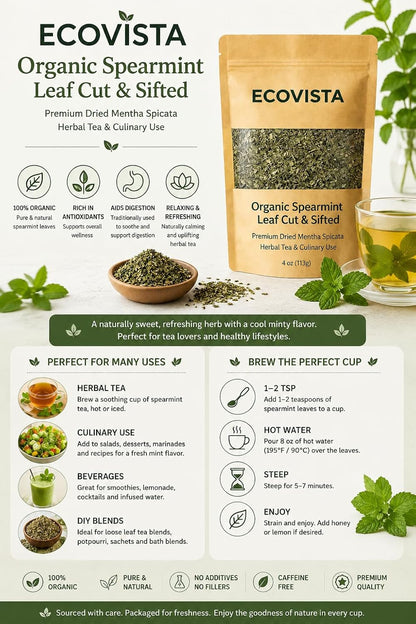 Ecovista Organic Spearmint Leaf Cut & Sifted – 4 oz | Premium Dried Mentha Spicata | Herbal Tea & Culinary Use