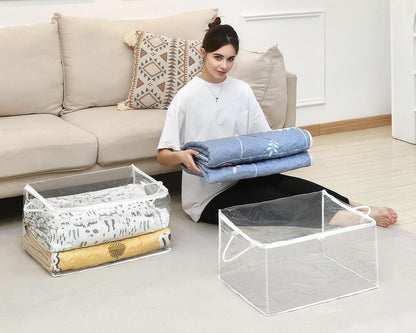 10-Pack Clear Zippered Storage Bags with Handles, Two-Way Zipper Foldable Closet Organizer, Bed Sheet Organizer, Plastic Storage Bin for Clothes, Towels