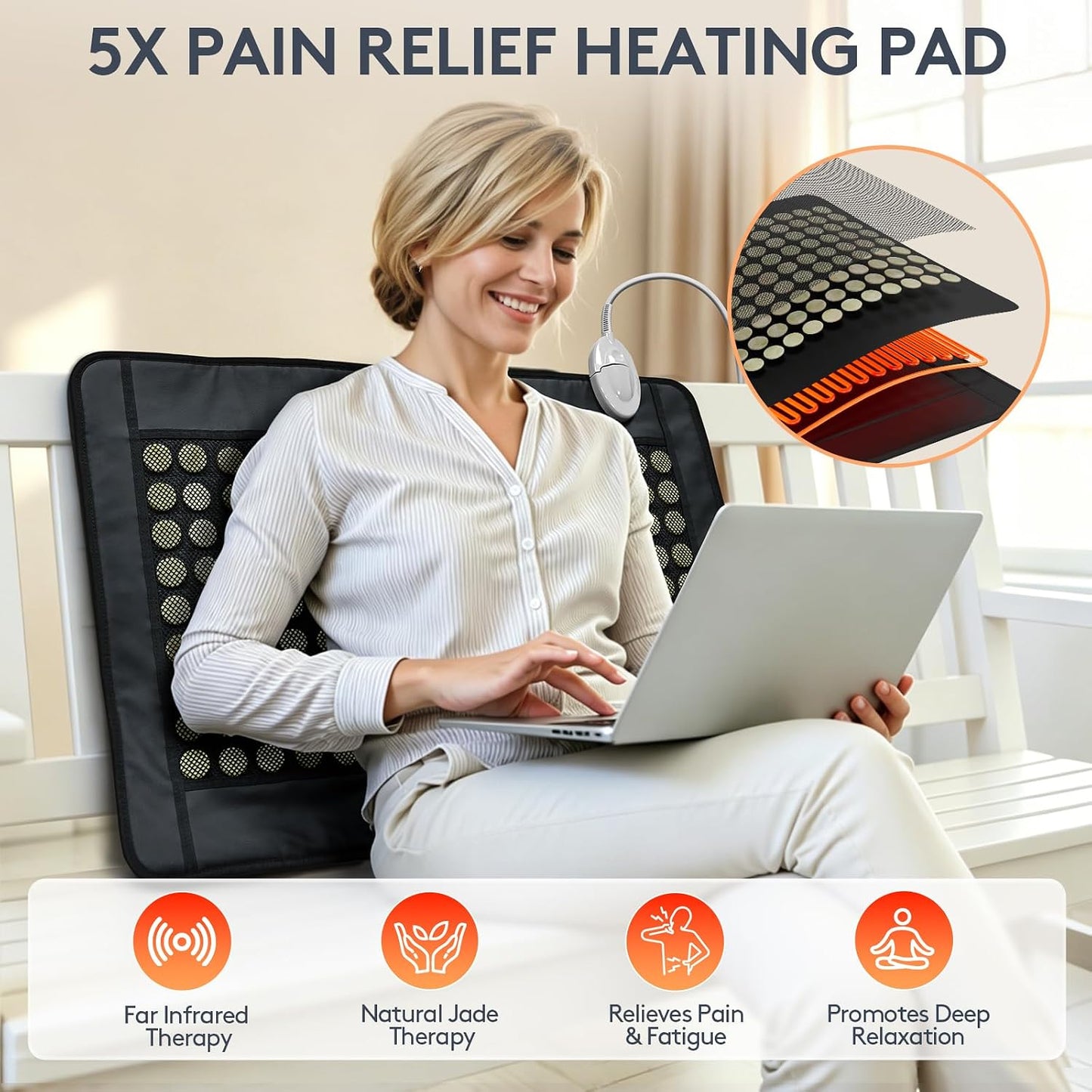 UTK Upgrade Far Infrared Heating Pad for Back, 5X Deeper Pain Relief Pure Jade Heating Pad with 153 Natural Jades, Hotter to 159℉, Weighted Electric Mat with Larger Heat Area, 4H Auto-Off, 31"x 21"