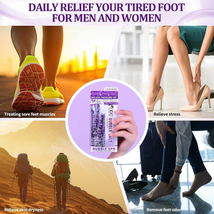 Pedicure Kit Foot Soak Set: Bubble Salt, Sugar Scrub, Massage Mask, Massage Lotion in a Box, 4 Step Foot Spa Kit for Dry Feet, Softens Calluses, Tired Feet（ Lavender) - Colors B