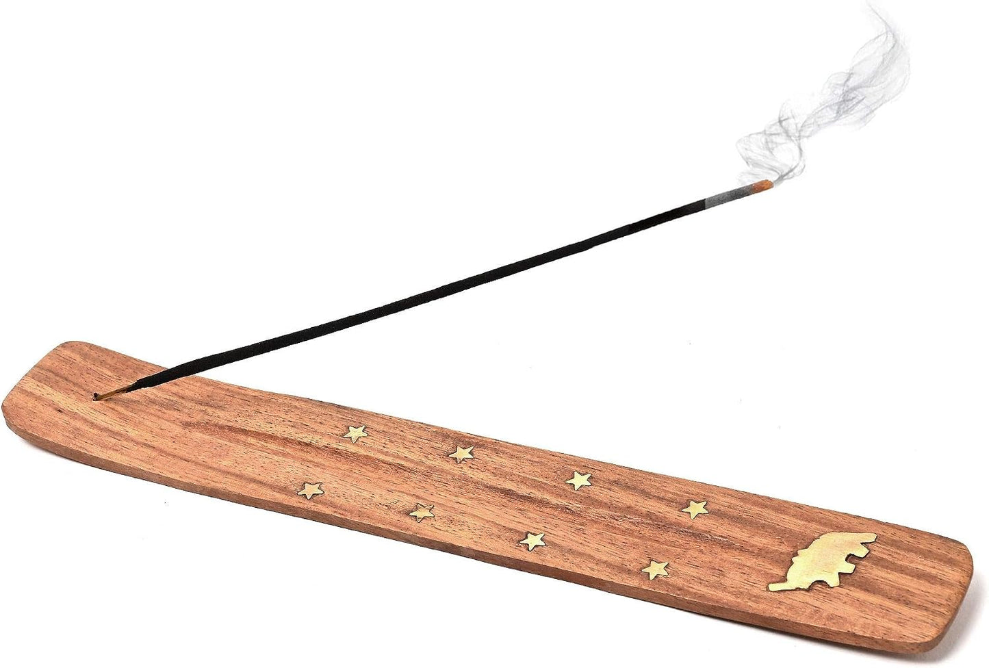 Wooden Incense Holder for Sticks with Inlays of Brass Crescent Moon 10 inches Long