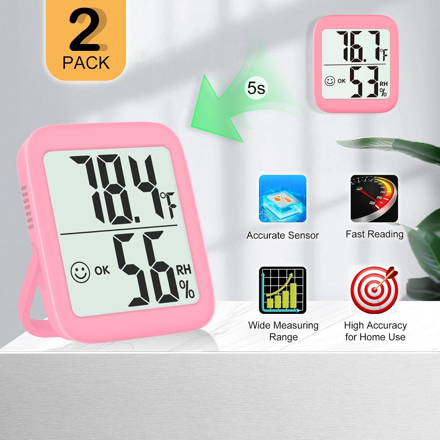 Antonki 2 Pack Room Thermometer for Home, Hygrometer Indoor Humidity Meter Gauge, Digital Temperature and Humidity Monitor Sensor for House, Terrarium, Incubator, Greenhouse - Battery Included