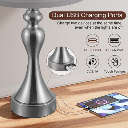 Seealle Touch Lamps for Nightstand - Bedside Lamps Set of 2, 3 Way Dimmable, USB C+A for Bedroom & End Tables (LED Bulbs Included)