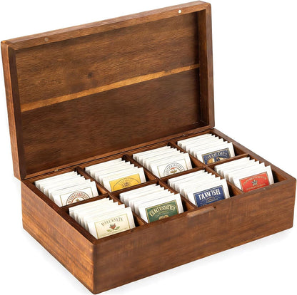 Acacia Wood Tea Bag Organizer with Compartments, Tea packet Storage Boxes & Display Caddy, Multi-Slot Teabag Holder Container Chest for Countertop, Organizador de Té
