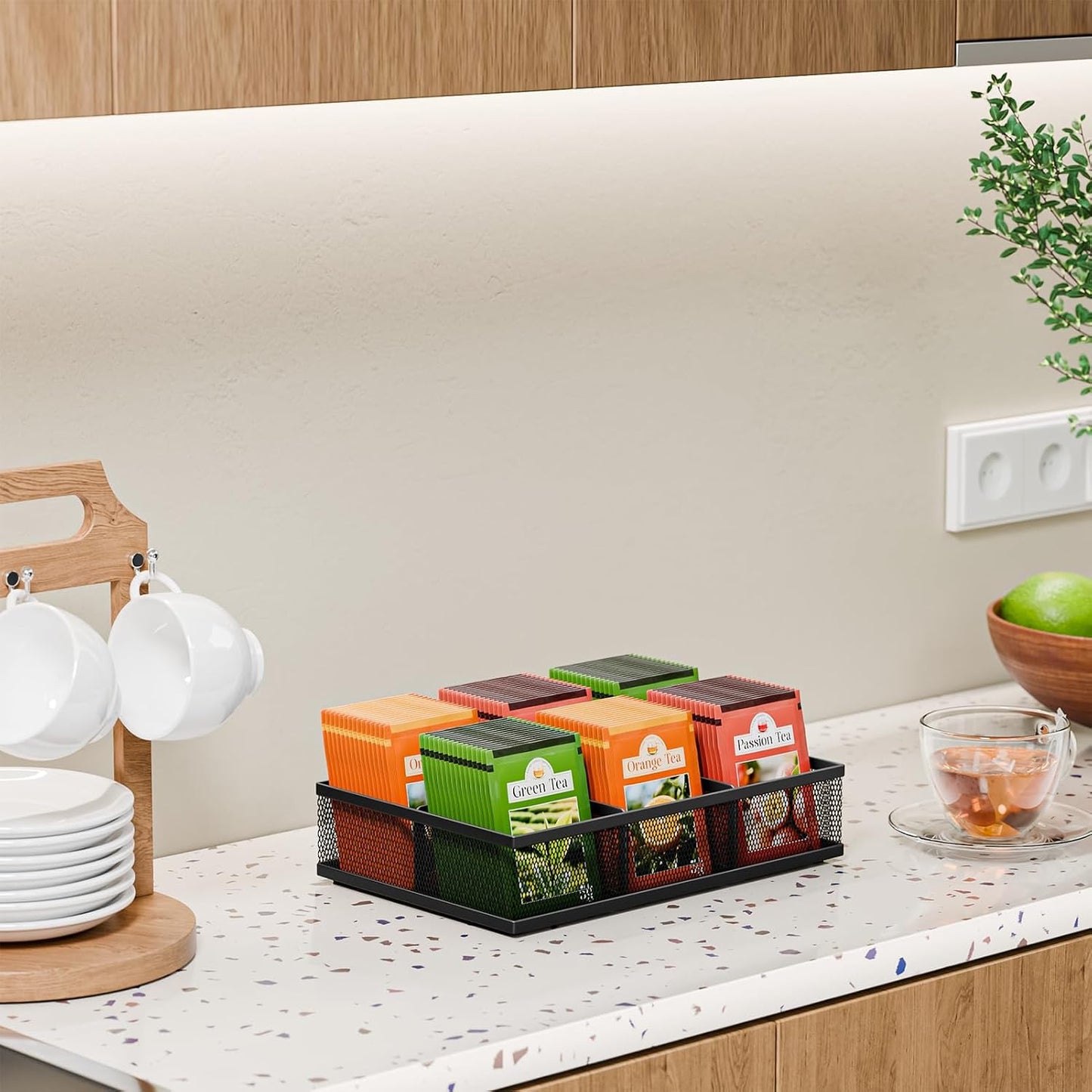 2 Tier Tea Bag Organizer, Mesh Tea Bag Holder with Handle, Teabag Holder, Tea Station Organizer for Countertop, Pantry, Kitchen, Cabinet -Black