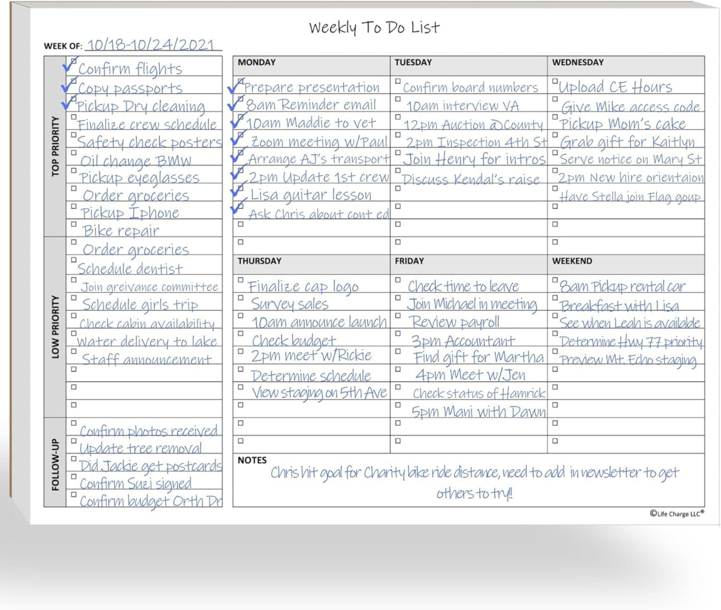 Life Charge Weekly Planner Notepad for Work & Home, Weekly To Do List Pad with Daily Checklist, Priority & Notes, 60 Pages, 8.5 x 11 Letter, Landscape