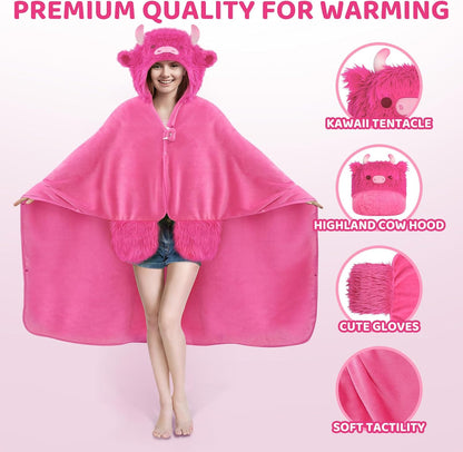 Mewaii Ultimate Softness Highland Cow Wearable Blanket Hoodie –Expertly Designed for American Body Full Coverage with Easy Movement Oversized Warm Cozy Flannel Blanket Cute Highland Cow Gift for Women