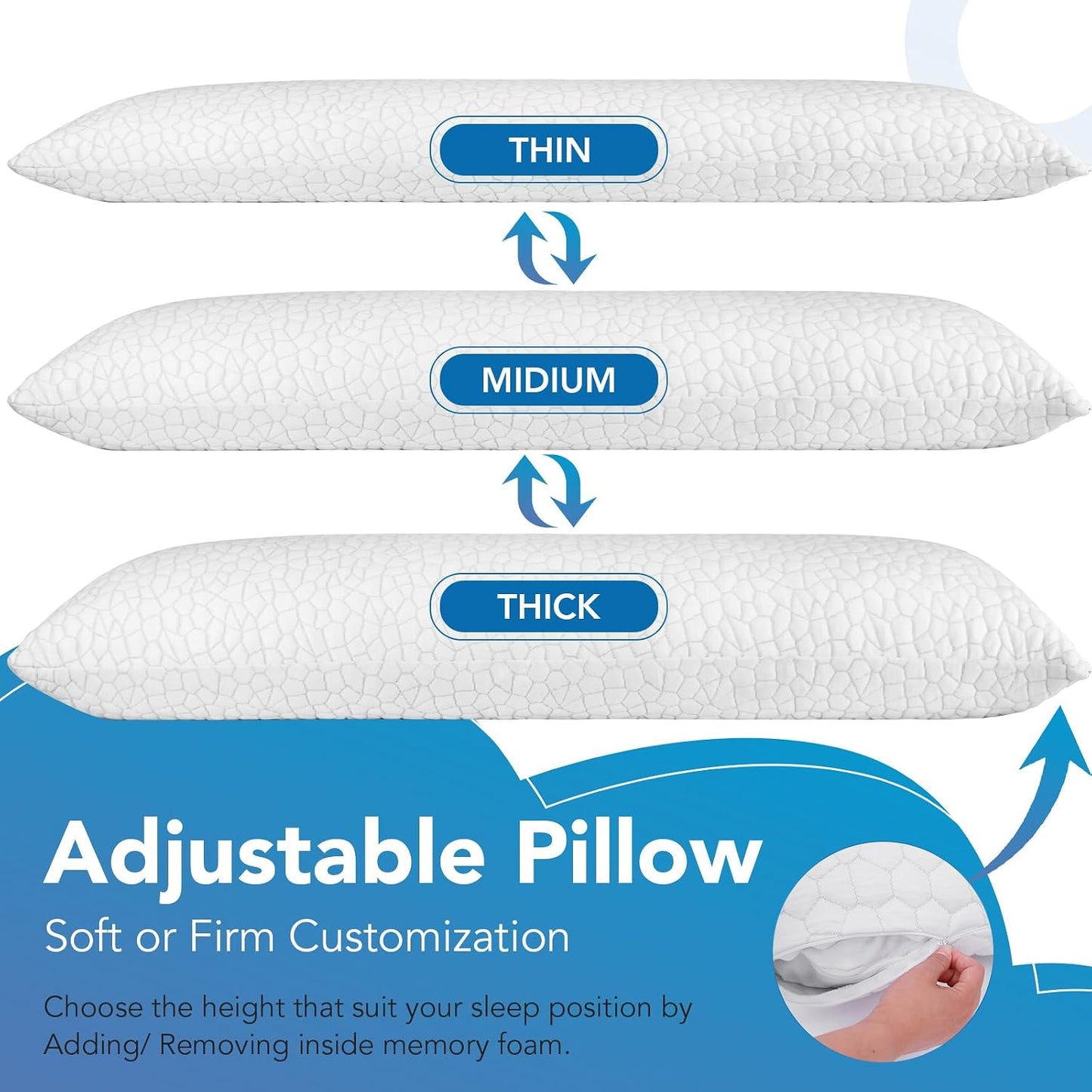 SUPA MODERN Cooling Pillow Queen Size Set of 2, CertiPUR-US Shredded Memory Foam Pillows for Sleeping, Cool Bed Pillows for Hot Sleepers, Adjustable Firm Pillow for Side,Back,Stomach Sleepers