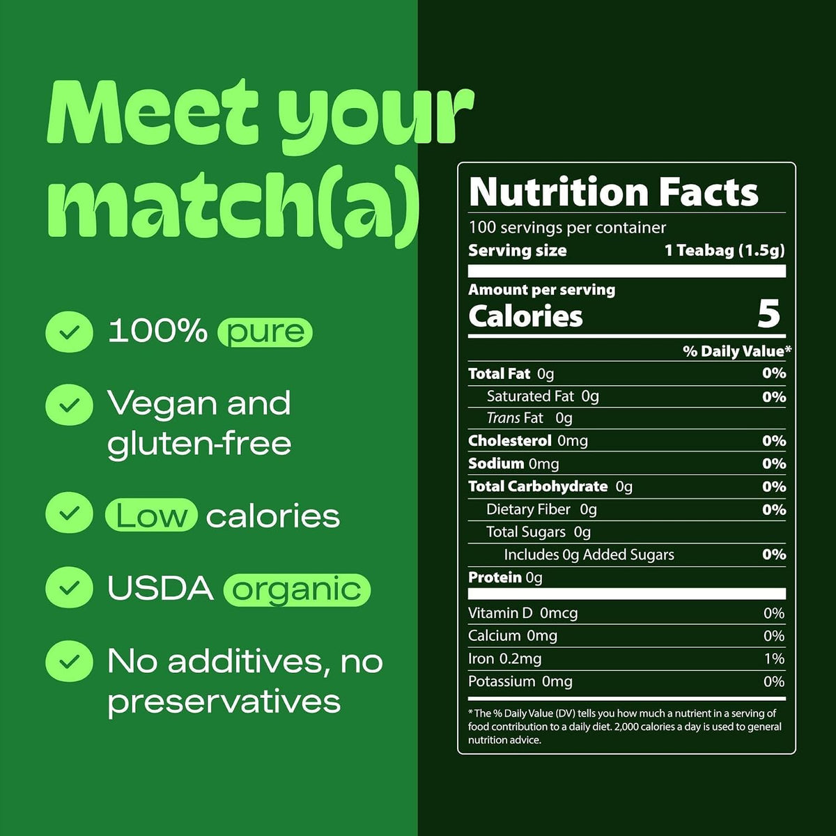 Matcha DNA Certified Organic Matcha Tea Bags, 100 Count Box, Green Tea
