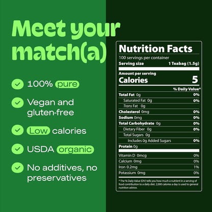 Matcha DNA Certified Organic Matcha Tea Bags, 100 Count Box, Green Tea