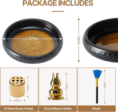 6 Inch Incense Holder with Ash Catcher,Handmade Crack Blue Glaze Ceramic Incense Burner Bowl with 9-Hole Design for Sticks,Cones,Coils Sage,Palo Santo - Perfect for Meditation,Yoga & Zen Home Décor