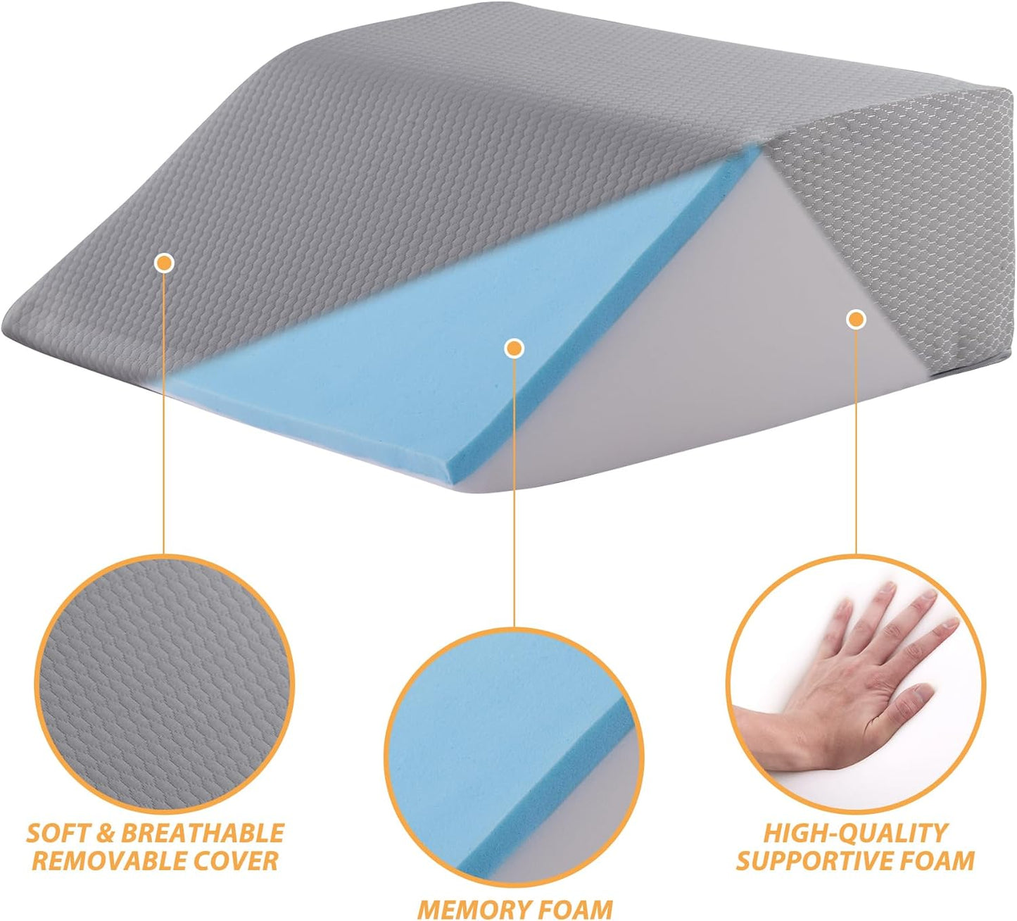 Bedluxe Leg Pillow Elevation Blood Circulation, Wedge Pillow for Legs Swelling, Leg Elevating Wedge Pillow for After Surgery, Foot Knee Pillow for Leg Rest, Sleeping, Memory Foam Top, 8in, White/Grey