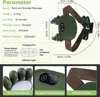 Shoulder and Neck Massager, Bionic Heated Massager, Neck Massager with Fingers, 4D Kneading Massage, Simulates a Real Palm Massage for Comfort, Relax Muscle Tension (Green)