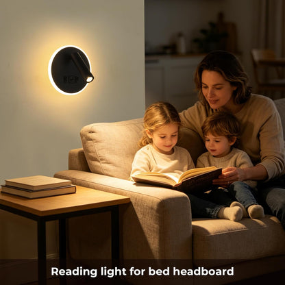 Plug in Wall Lamps for Bedroom Living Room, Wall Mounted Reading Lights with USB C+A Charging Ports, Headboard Lamp 360°Rotation, Wall Mount Lamp with 3 Color Temperature 3W+9W Night Light