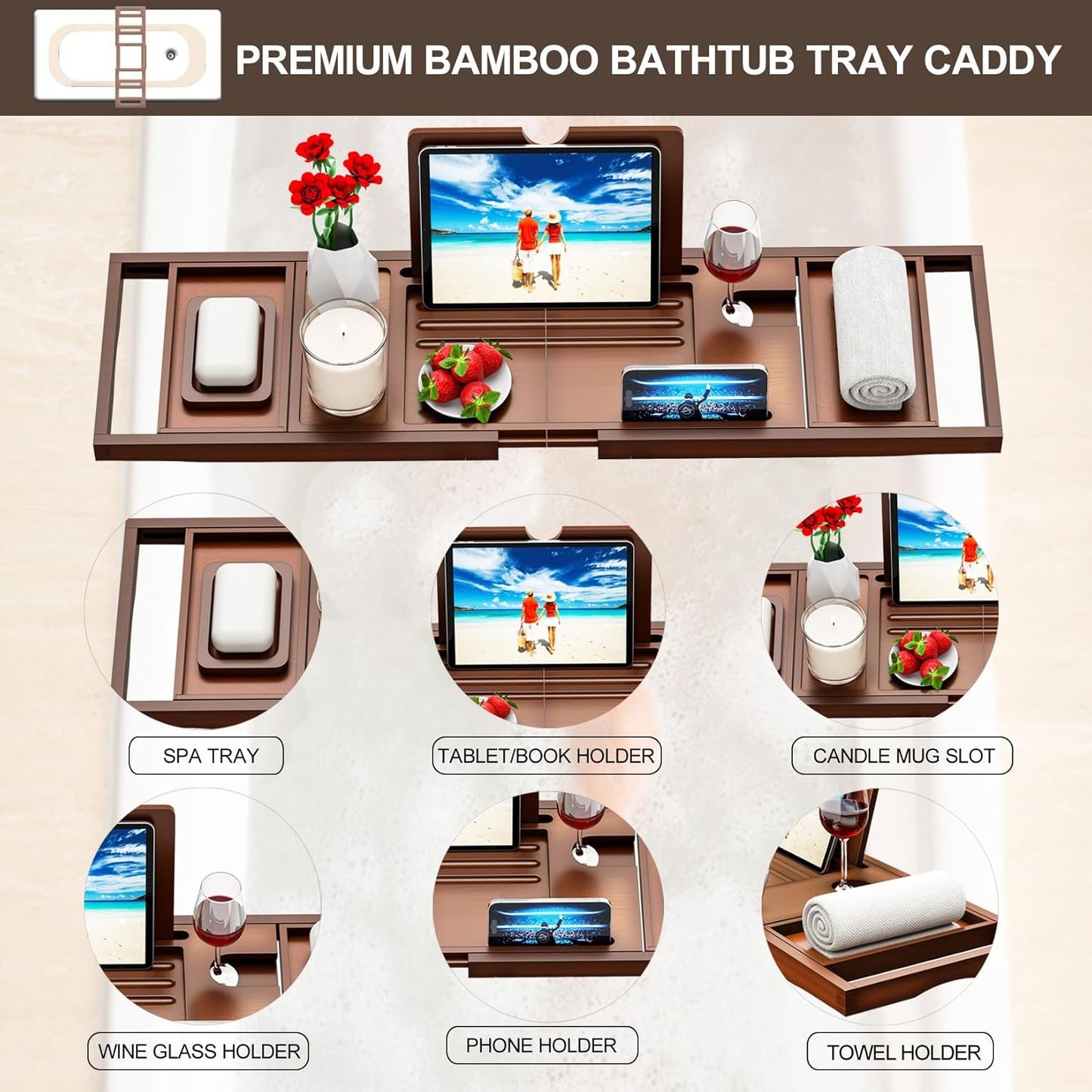 Premium Bamboo Bathtub Tray Caddy - Bath Tub Tray Table for Bathtub - Bath Caddy Tray for Bathtub, Expandable Size, Fits Most Bath Tubs