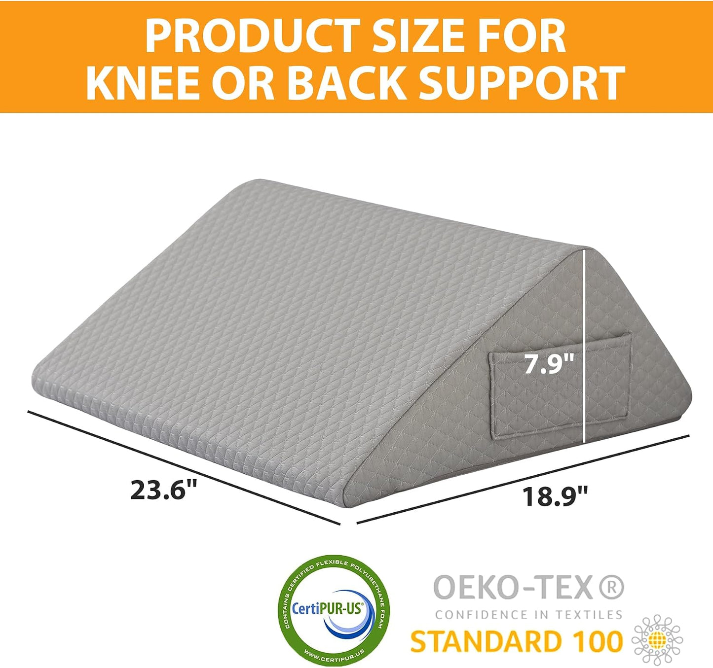 Ruqmuis Knee Pillow for Back Sleeping, 8” Knee Wedge Pillow to Elevate Knee, Leg Pillow for Back Pain Relief, Triangle Pillow, Leg Elevation Pillows for After Surgery, Blood Circulation, White/Grey