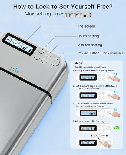 ySky Metal Phone Lock Box with Timer,Portable Timed Phone Lock Box for iPhone and Android Phones, Self-Control Timer Phone Locker to Help Kids,Students to Reduce Screen time,Phone Jail Box