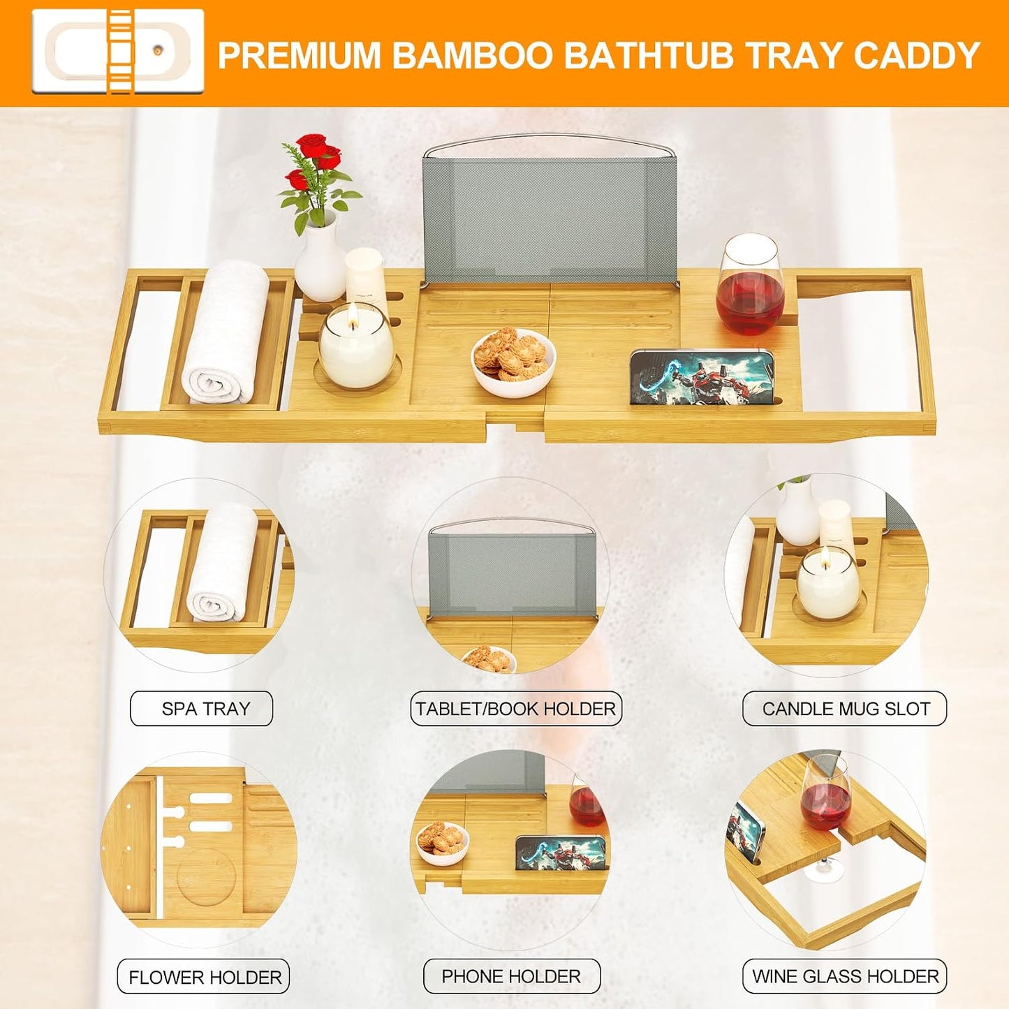 Banlilu Bathtub Tray - Bath Tray Expandable - Bath Tub Tray Table for Bathtub, Ajustable Size, Fits Most Tubs
