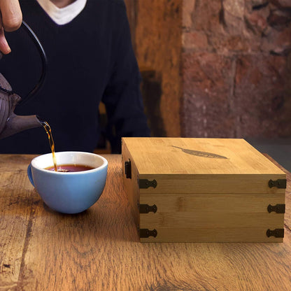 Tea Organizer Box Food Safe Chemical Free Bamboo Wood Storage Chest Big, Tall, Adjustable Cubbies (8-Slot 14.3" x 8.1" x 4.2" with TEA print design)