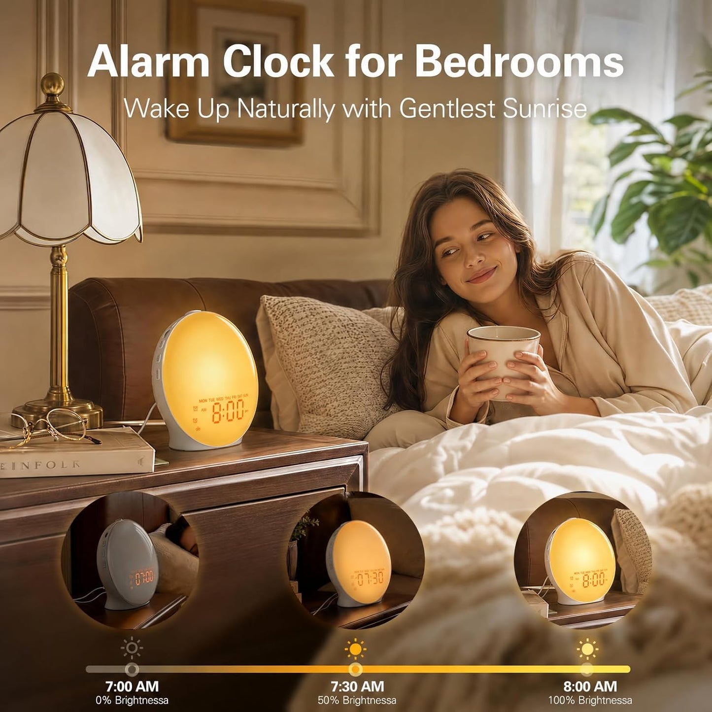 JALL Full-Screen Wake Up Light Sunrise Alarm Clocks for Bedrooms, White Noise Machine for Heavy Sleepers, 25 Natural Sounds, Dual Alarms, FM Radio, 17 Dimmable Colors, Bluetooth Speaker