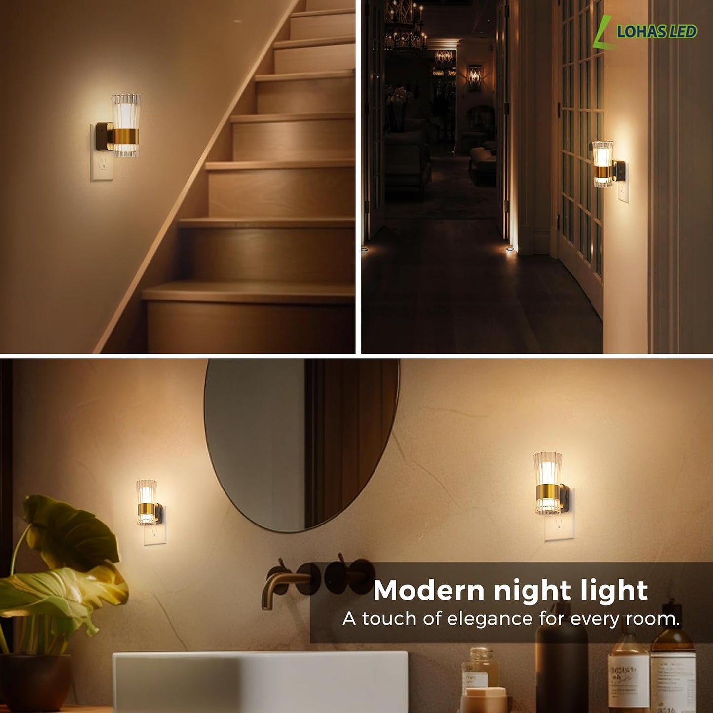 L LOHAS LED Night Lights Plug into wall, Amber Night Light with Adjustable Brightness, Plug in NightLight with Auto Light Sensor, Wall Sconce-Style Design Night Light for Bathroom,Hallway, 2 Pack